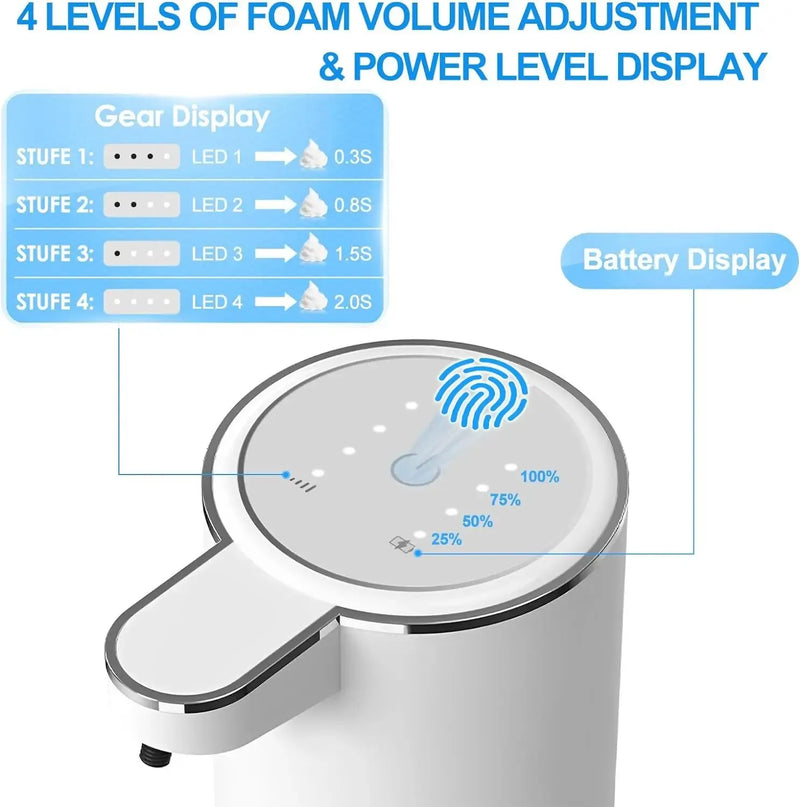 Dispenser Automático de Sabão 380ml 4 níveis de Ajuste de Espuma Recarregável por USB